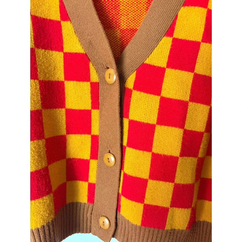Lisa Says Gah Checkered Cardigan Sweater Red Orange Yellow XS/S Button Front - Picture 3 of 4